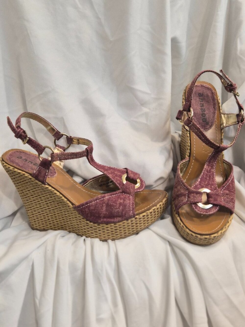 Bamboo Wedge Heels | Red Jean Material | Size 7.5